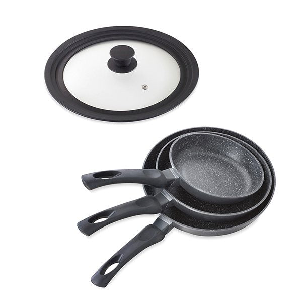 Lot 3 Poêles avec revêtement Dur comme la pierre 20 à 28 cm et Couvercle multidiamètre Mathon - Mathon - 1