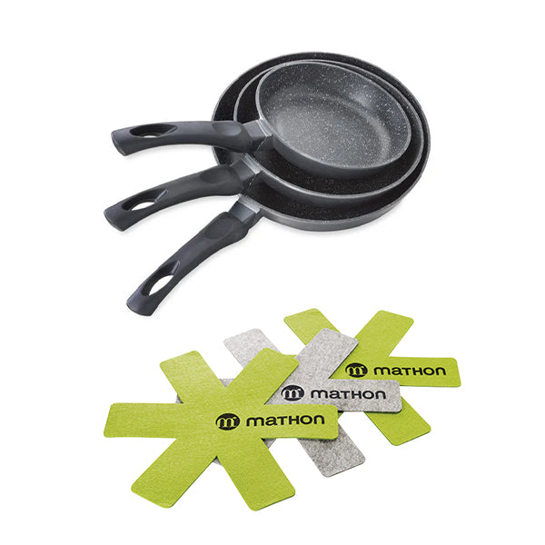 Lot 3 poêles anti-adhérentes Dur comme la pierre 20, 24 et 28 cm et 3 feutrines Mathon - Mathon - 1