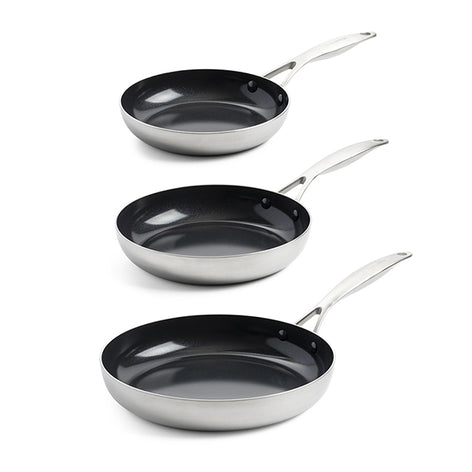 Lot 3 poêles antiadhésives en inox 20, 24 et 28 cm Geneva Green pan - Mathon - 1
