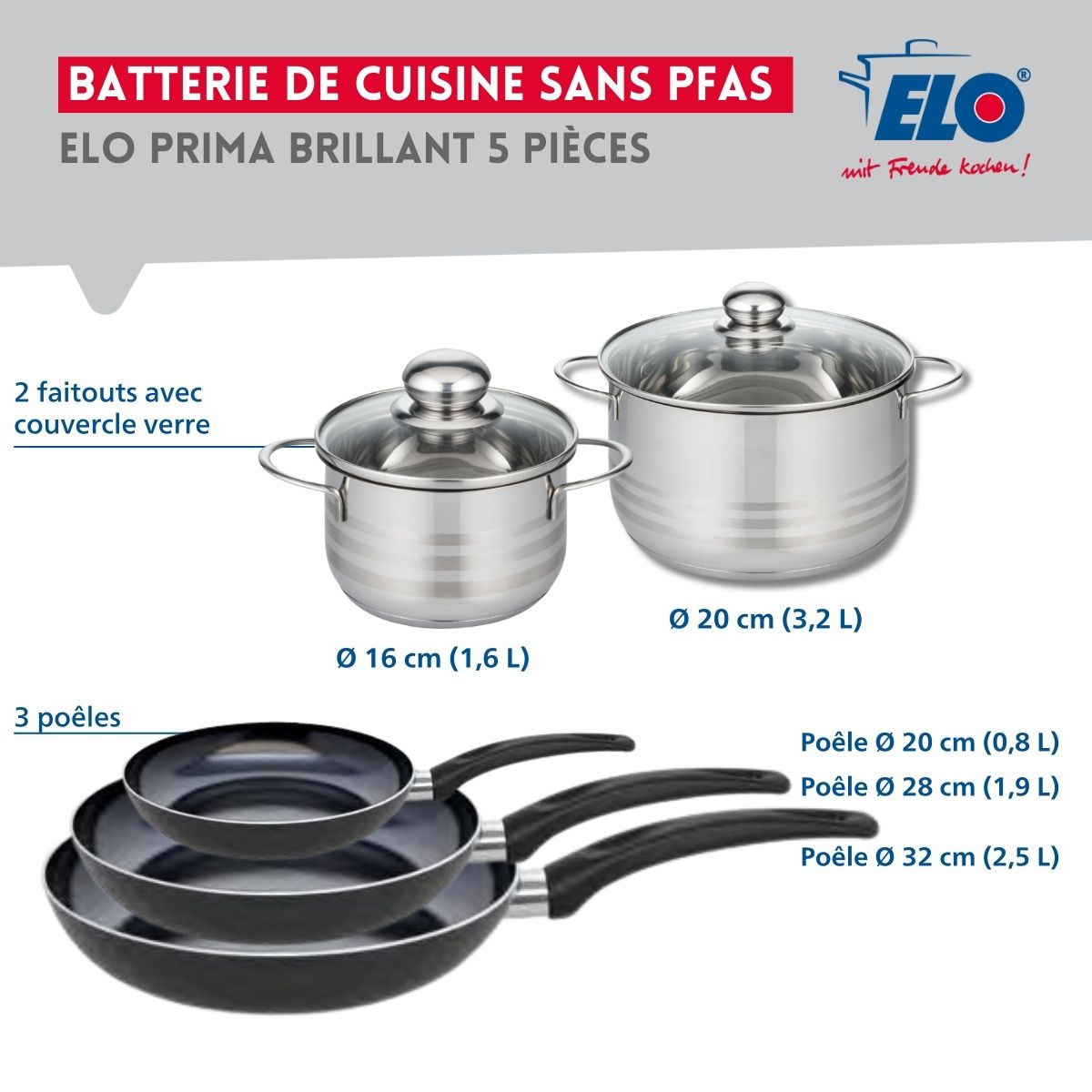 Ensemble de 3 Poêles de cuisson 20, 28 et 32 cm et 2 faitouts 16 et 20 cm  Prima Brillant Elo - Mathon - 2