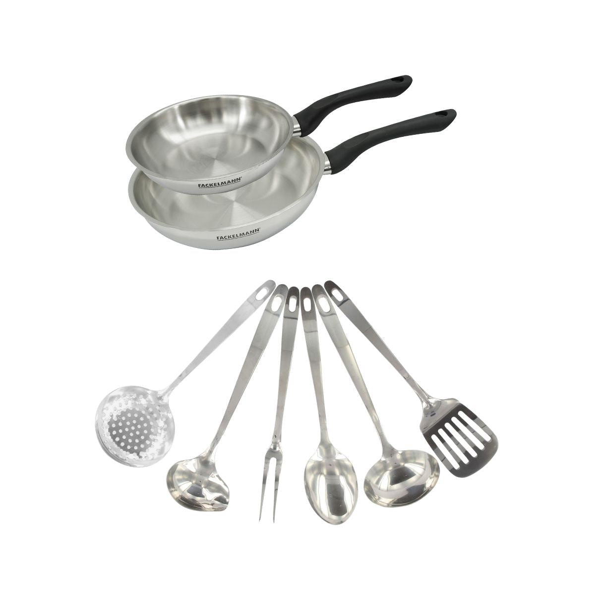 Set 2 poêles 20 et 24 cm en inox et 6 ustensiles inox  Geneva Fackelmann - Mathon - 1