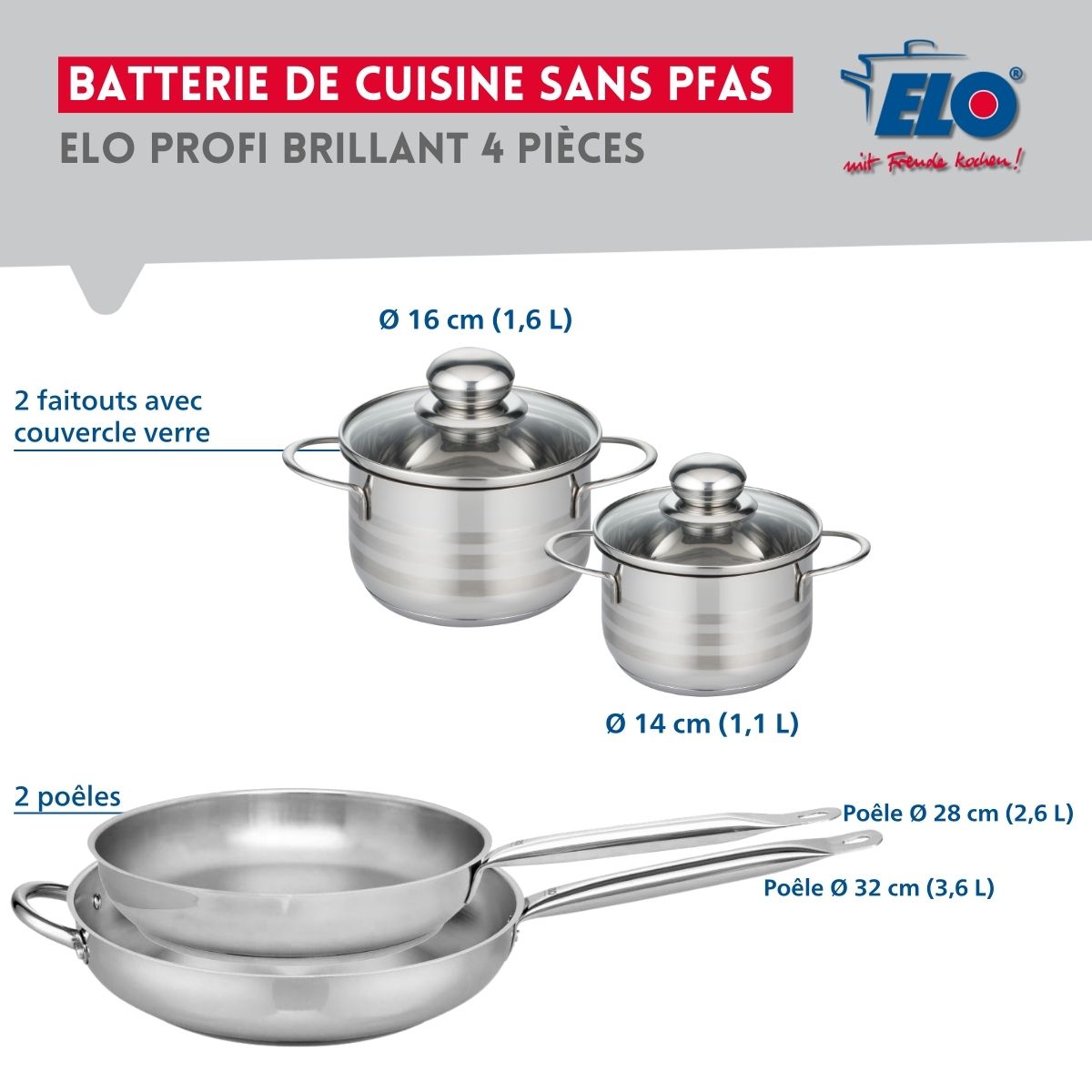 Ensemble de 2 Poêles de cuisson 28 et 32 cm et 2 faitouts 14 et 16 cm  Profi Brillant Elo - Mathon - 2