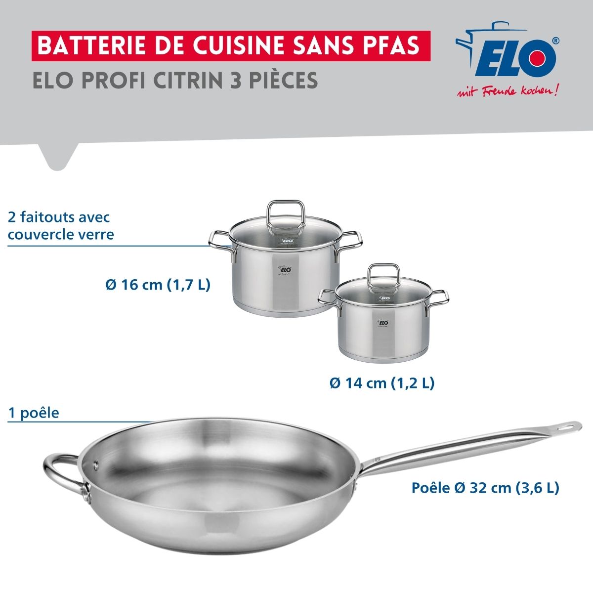 Ensemble de 1 Poêle de cuisson 32 cm et 2 faitouts 14 et 16 cm  Profi Citrin Elo - Mathon - 2
