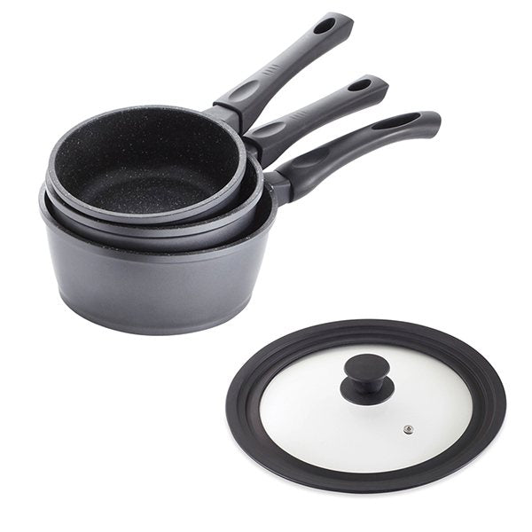 Lot 3 casseroles Dur comme la pierre 16,18 et 20 cm et couvercle multidiamètre Mathon - Mathon