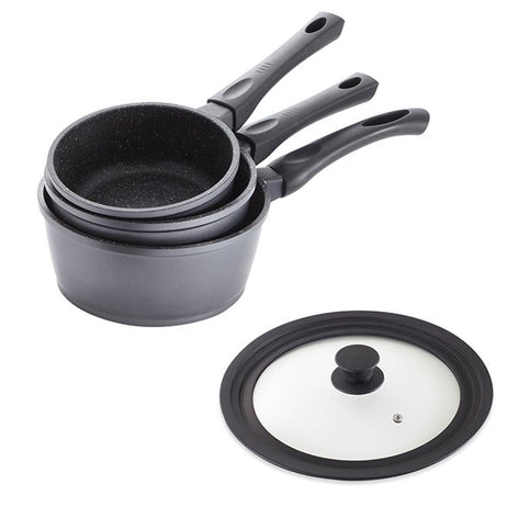 Lot 3 casseroles revêtement Dur comme la pierre 16, 18 et 20 cm et couvercle multidiamètre Mathon - Mathon