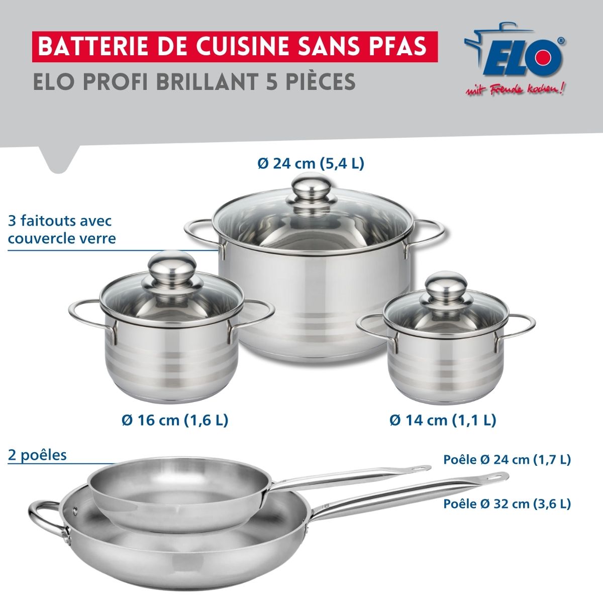 Ensemble de 2 Poêles de cuisson 24 et 32 cm et 3 faitouts 14, 16 et 24 cm  Profi Brillant Elo - Mathon - 2