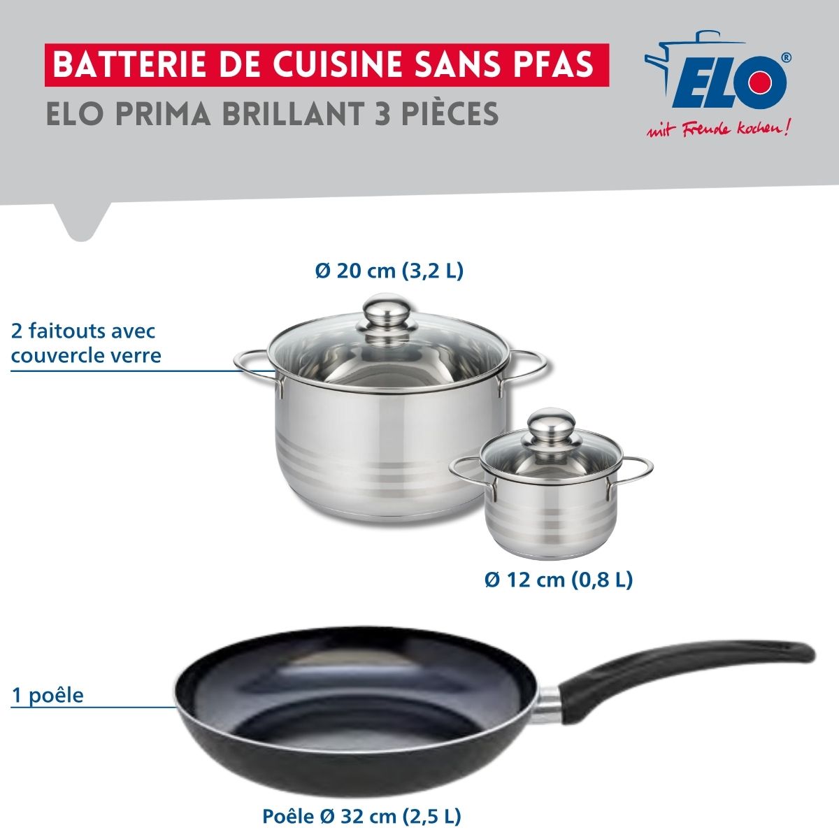 Ensemble de 1 Poêle de cuisson 32 cm et 2 faitouts 12 et 20 cm  Prima Brillant Elo - Mathon - 2