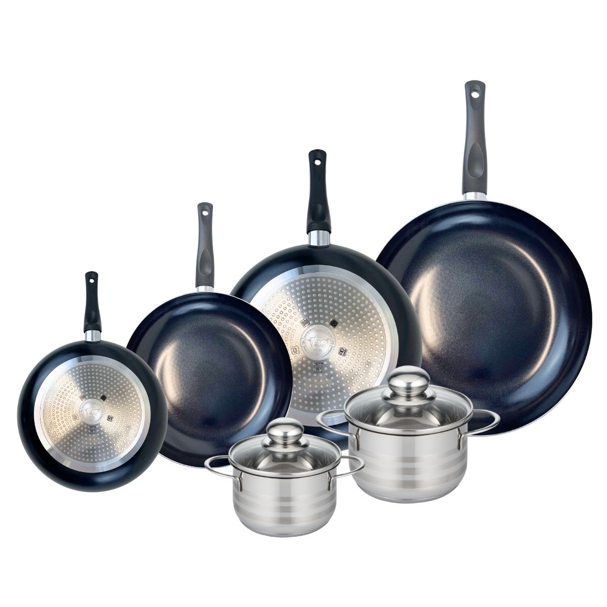 Ensemble de 4 Poêles de cuisson 20, 24, 28 et 32 cm et 2 faitouts 14 et 16 cm  Prima Brillant Elo - Mathon - 1
