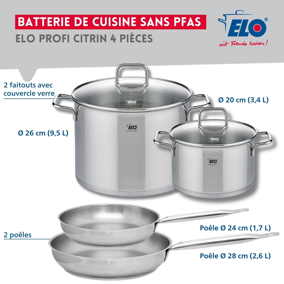 Set de 2 Poêles de cuisson 24 et 28 cm et 2 faitouts 20 et 26 cm  Profi Citrin Elo - Mathon - 2