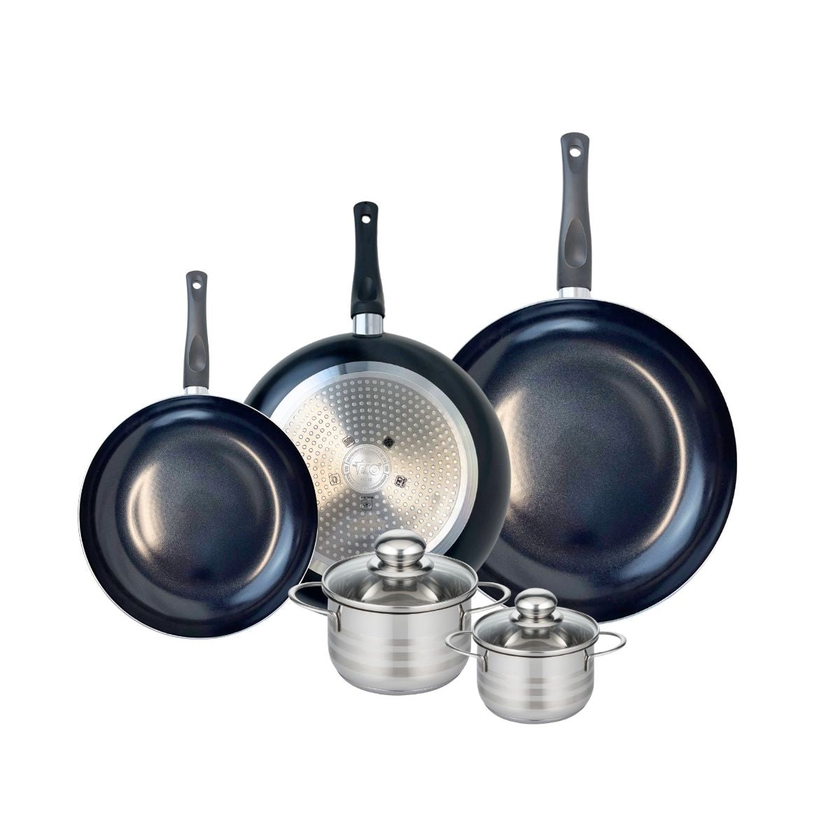 Ensemble de 3 Poêles de cuisson 24, 28 et 32 cm et 2 faitouts 12 et 14 cm  Prima Brillant Elo - Mathon - 1