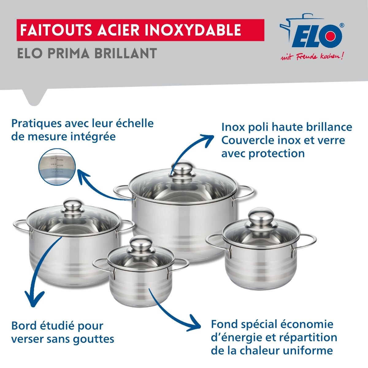 Ensemble de 3 Poêles de cuisson 24, 28 et 32 cm et 4 faitouts 14, 16, 20 et 24 cm  Profi Brillant Elo - Mathon - 3