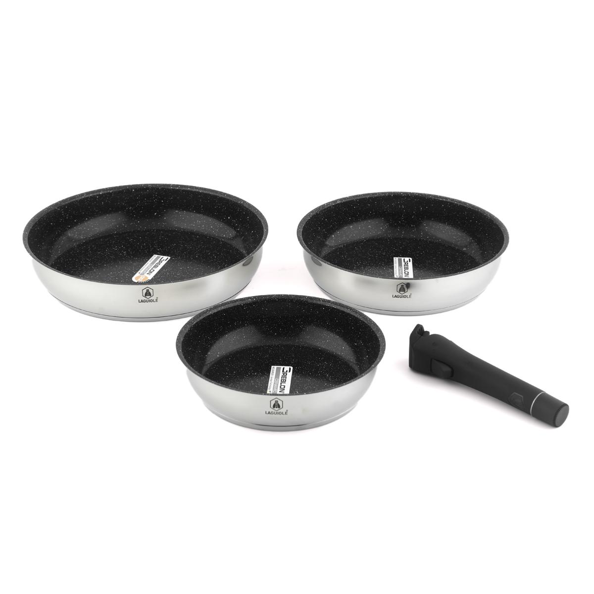 Set de 3 poêles inox amovible 20/24/28cm antiadhésif - "Réactif" Laguiole Cuisson - Mathon - 1