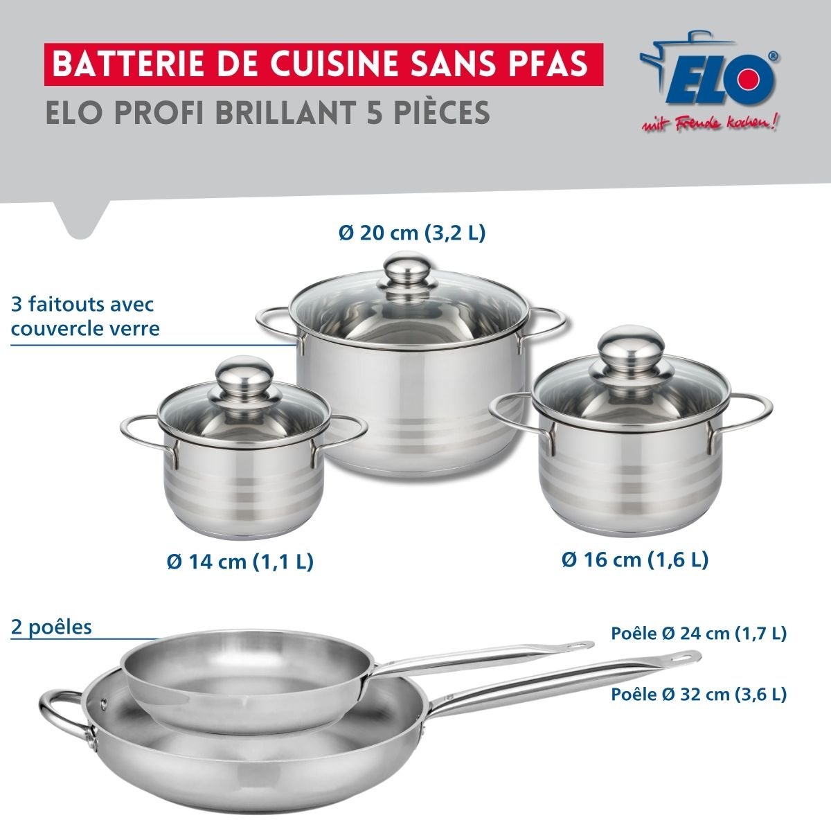 Ensemble de 2 Poêles de cuisson 24 et 32 cm et 3 faitouts 14, 16 et 20 cm  Profi Brillant Elo - Mathon - 2