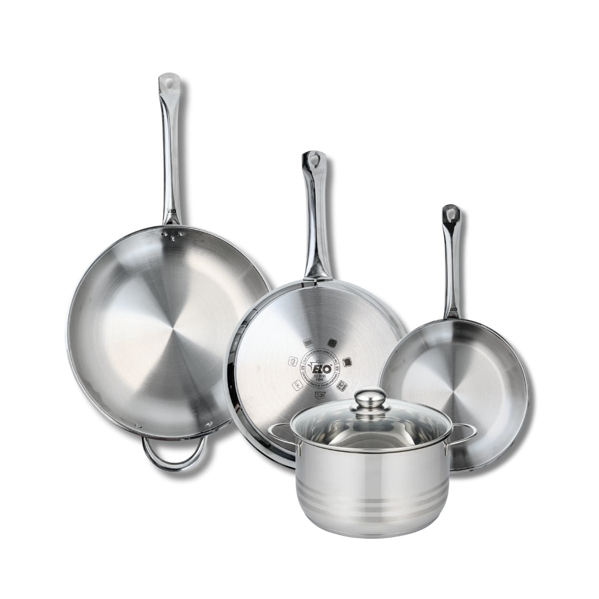 Ensemble de 3 Poêles de cuisson 24, 28 et 32 cm et 1 faitout 20 cm  Profi Brillant Elo - Mathon - 1