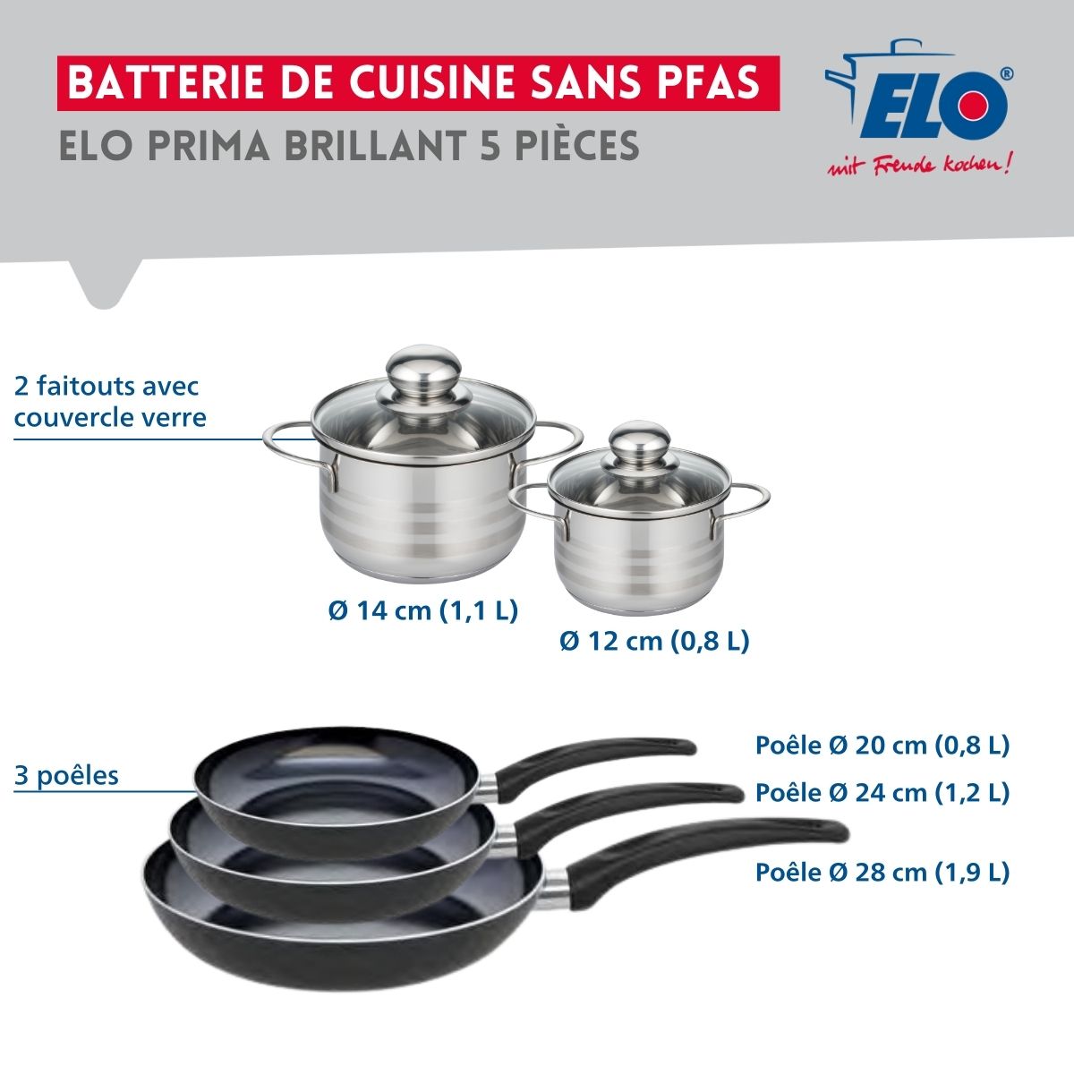 Ensemble de 3 Poêles de cuisson 20, 24 et 28 cm et 2 faitouts 12 et 14 cm  Prima Brillant Elo - Mathon - 2