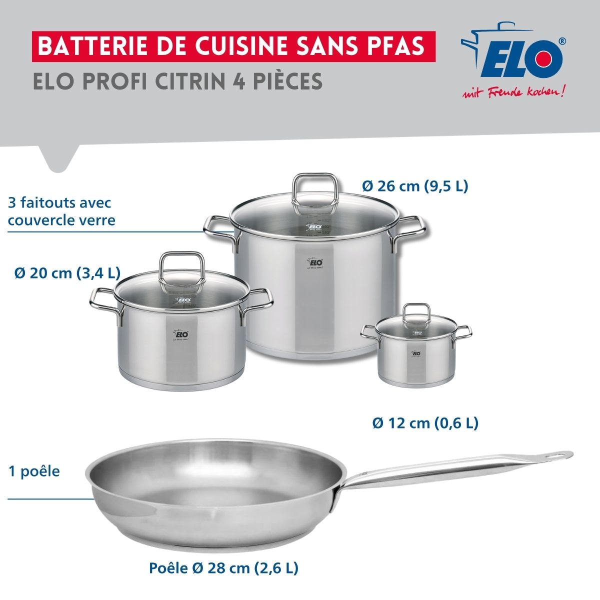 Ensemble de 1 Poêle de cuisson 28 cm et 3 faitouts 12, 20 et 26 cm  Profi Citrin Elo - Mathon - 2