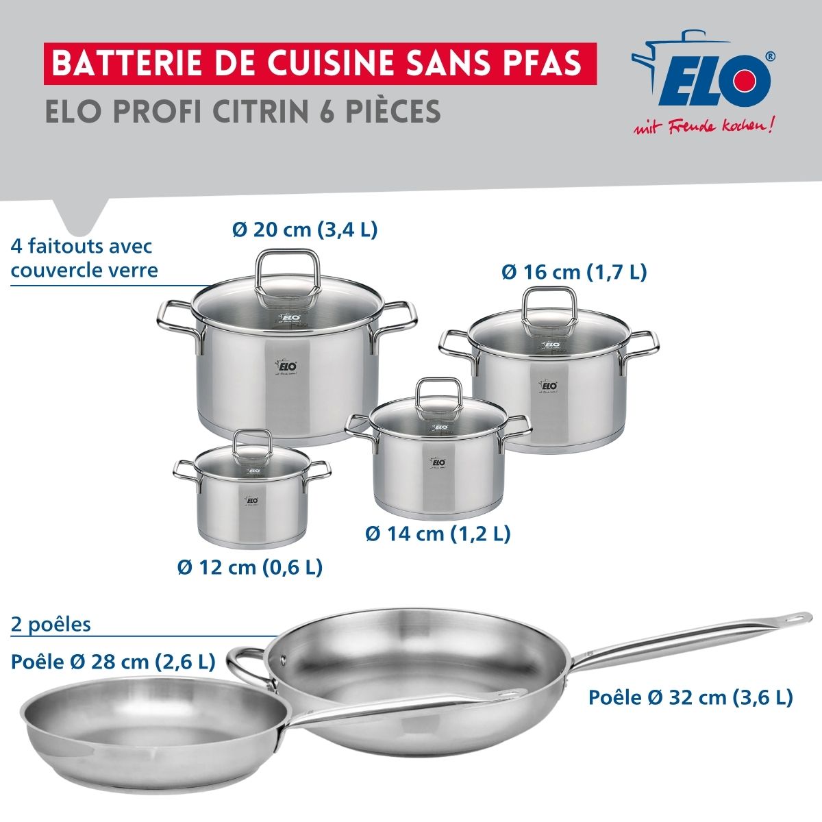 Ensemble de 2 Poêles de cuisson 28 et 32 cm et 4 faitouts 12, 14, 16 et 20 cm  Profi Citrin Elo - Mathon - 2