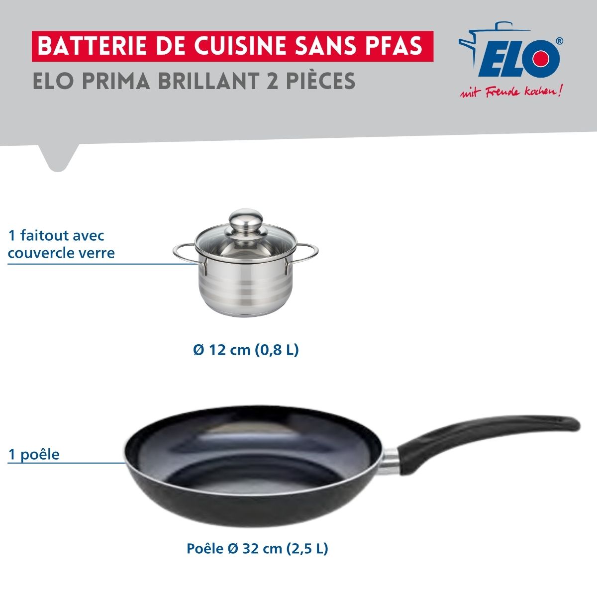 Ensemble de 1 Poêle de cuisson 32 cm et 1 faitout 12 cm  Prima Brillant Elo - Mathon - 2