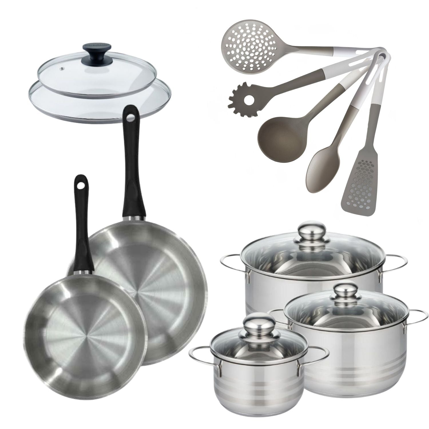 Lot 2 Poêles 20/24cm  Geneva avec 3 Faitouts 16/20/24cm et 5 ustensiles Fackelmann - Mathon - 1