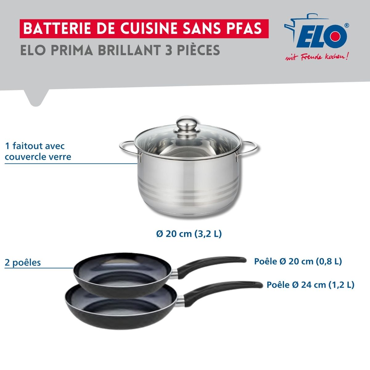 Ensemble de 2 Poêles de cuisson 20 et 24 cm et 1 faitout 20 cm  Prima Brillant Elo - Mathon - 2