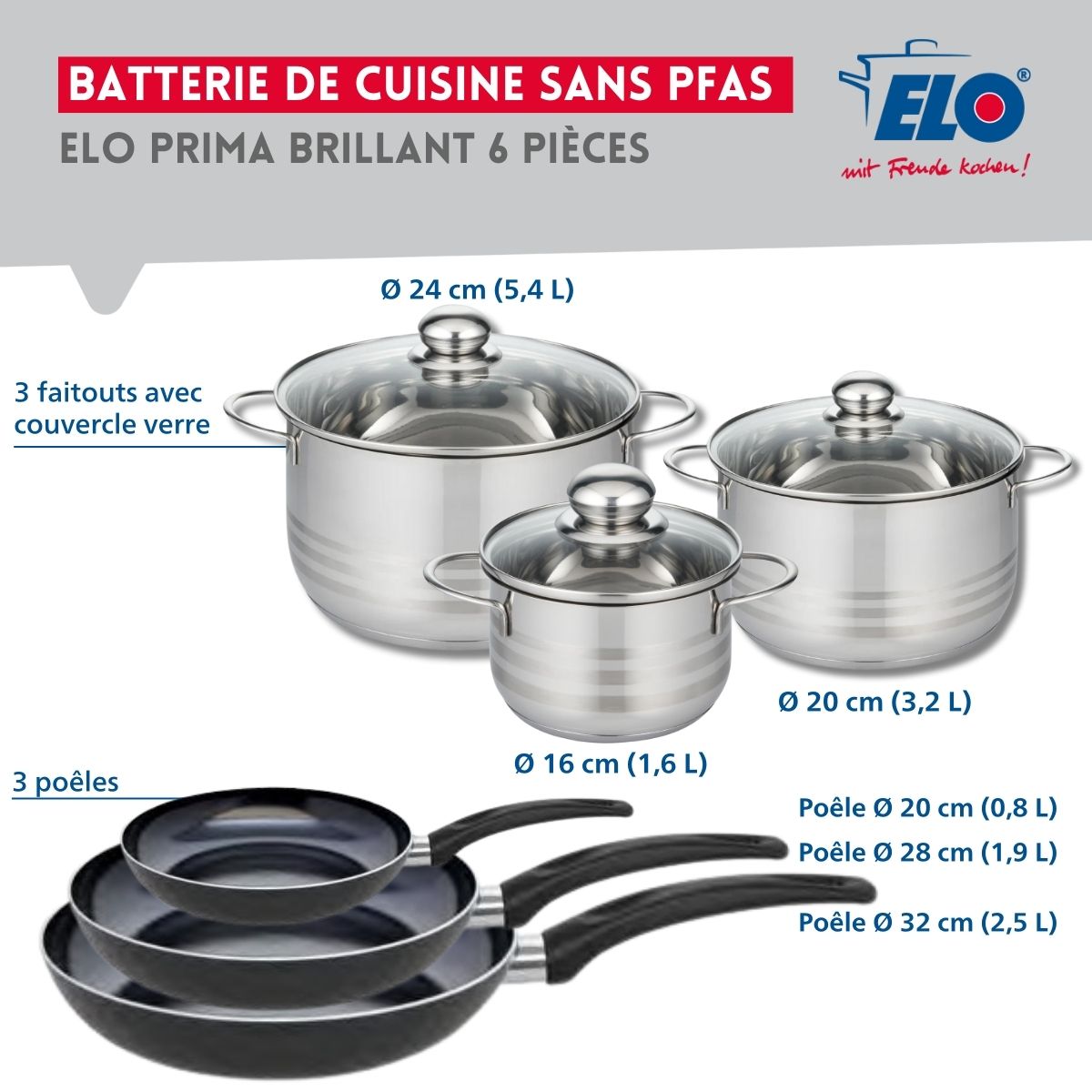 Ensemble de 3 Poêles de cuisson 20, 28 et 32 cm et 3 faitouts 16, 20 et 24 cm  Prima Brillant Elo - Mathon - 2