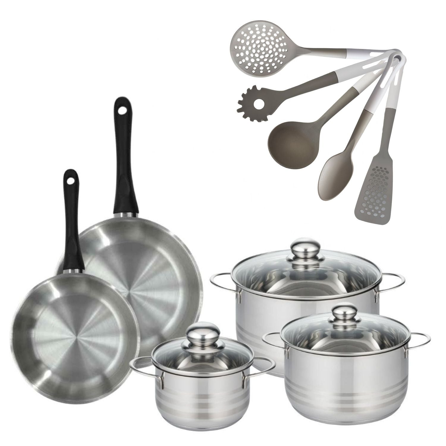 Lot de 2 Poêles 20/24cm  Geneva avec 3 Faitouts 16/20/24cm et 5 Ustensiles Fackelmann - Mathon - 1