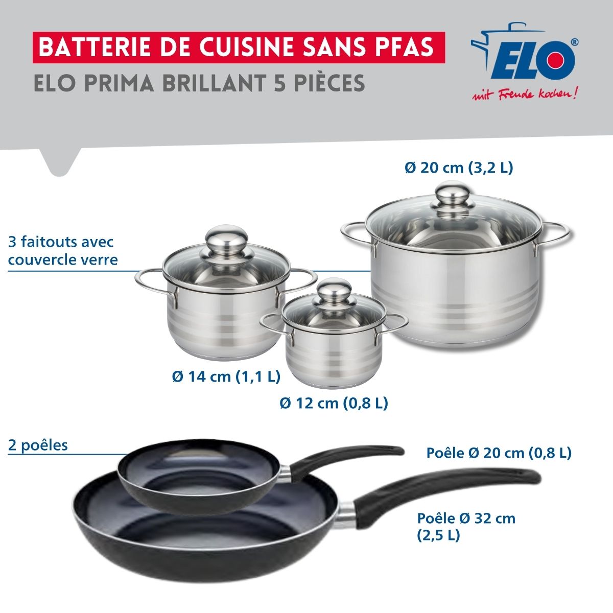 Ensemble de 2 Poêles de cuisson 20 et 32 cm et 3 faitouts 12, 14 et 20 cm  Prima Brillant Elo - Mathon - 2