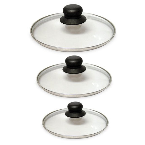 Lot 3 couvercles en verre cerclés inox 16, 18 et 20 cm - Mathon