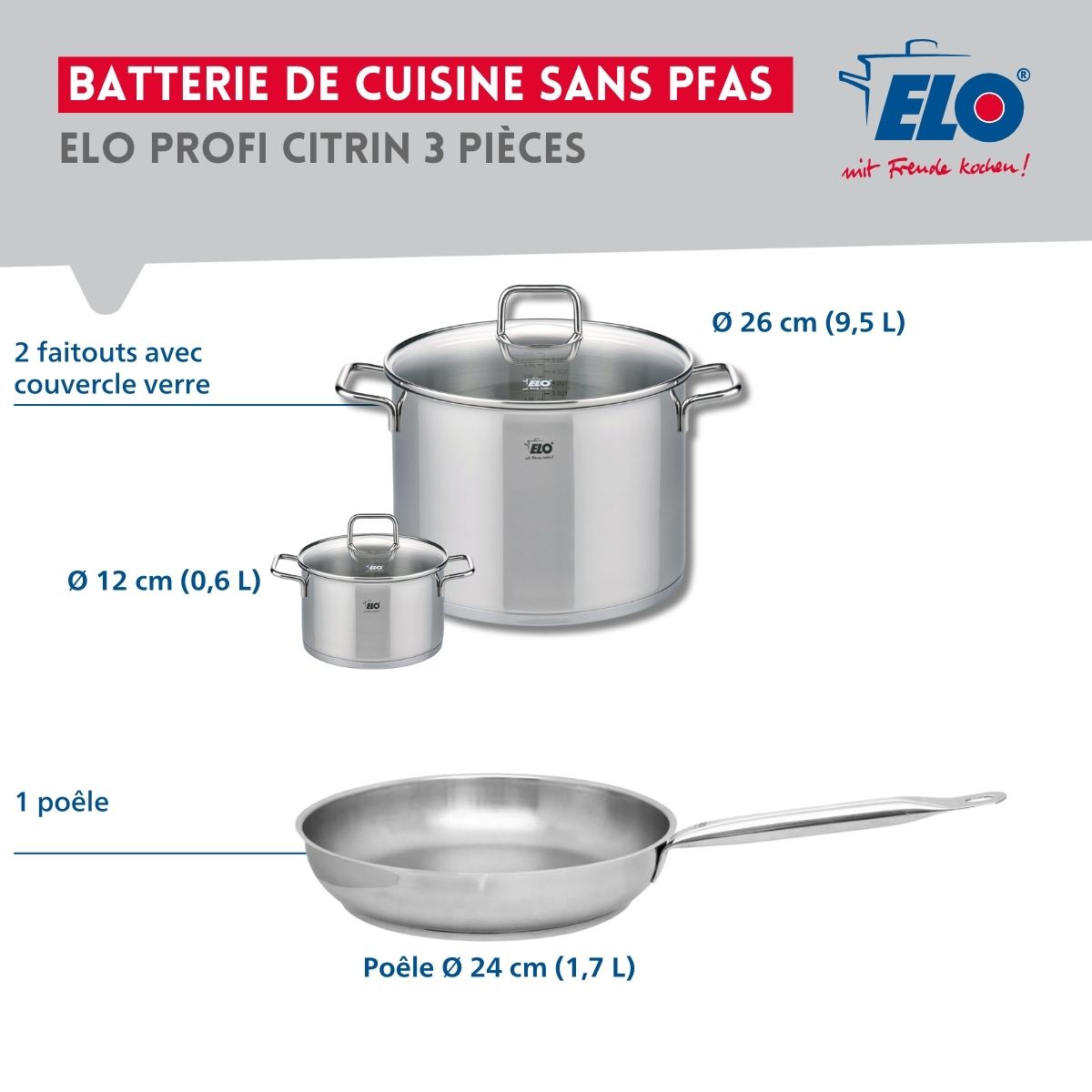 Ensemble de 1 Poêle de cuisson 24 cm et 2 faitouts 12 et 26 cm  Profi Citrin Elo - Mathon - 2