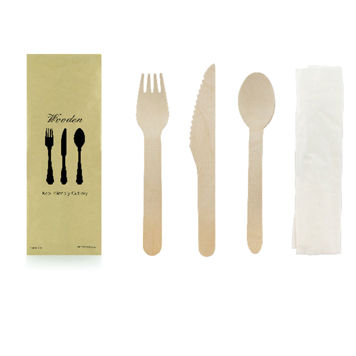 50Pcs - Kit couverts bois 4/1: couteau fourchette cuillère serviette, emballage kraft   H165mm FirstPack - Mathon - 1