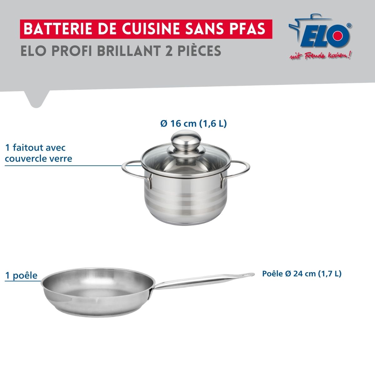 Ensemble de 1 Poêle de cuisson 24 cm et 1 faitout 16 cm  Profi Brillant Elo - Mathon - 2