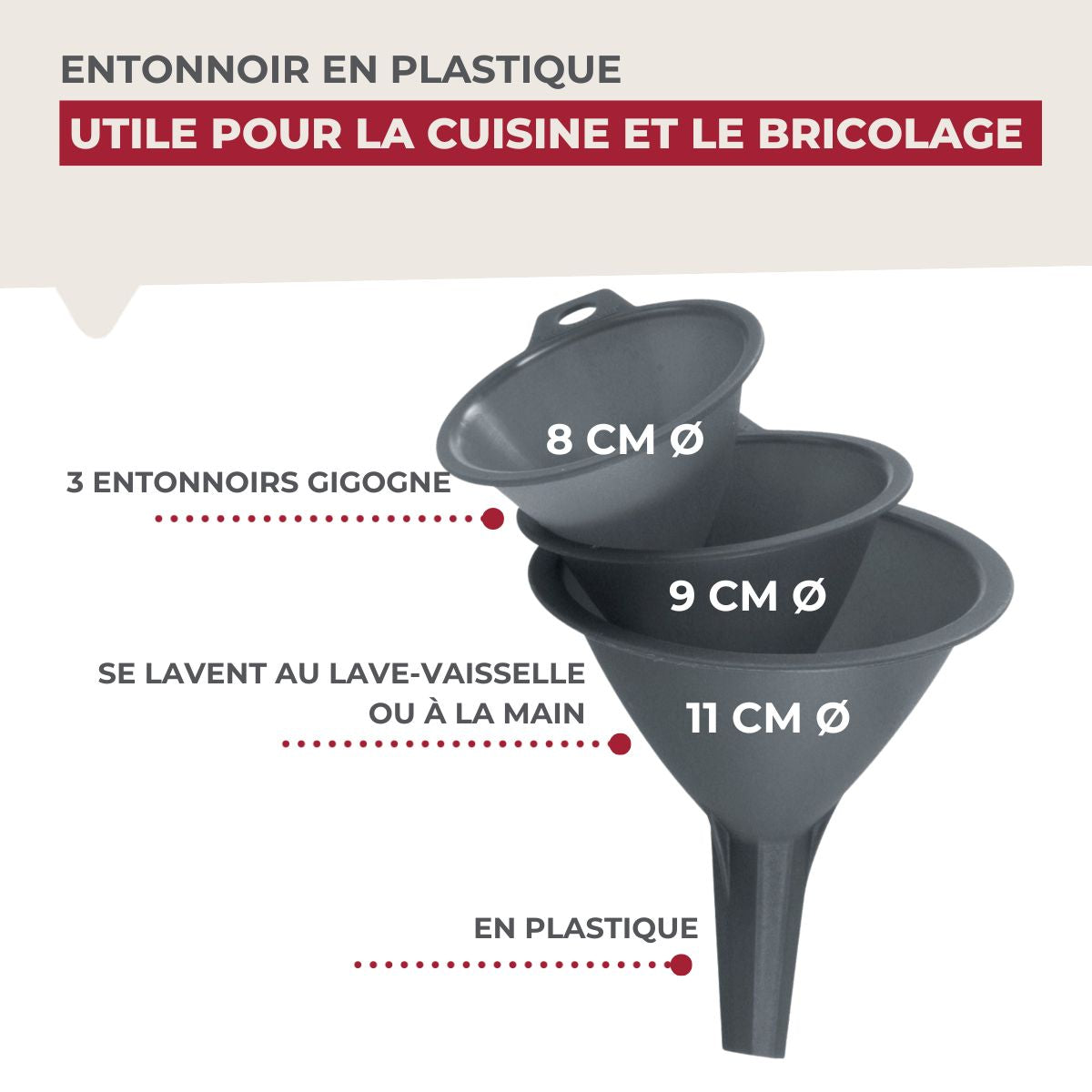 Lot de 3 entonnoirs en plastique 8, 9 et 11 cm Fackelmann - Mathon - 7