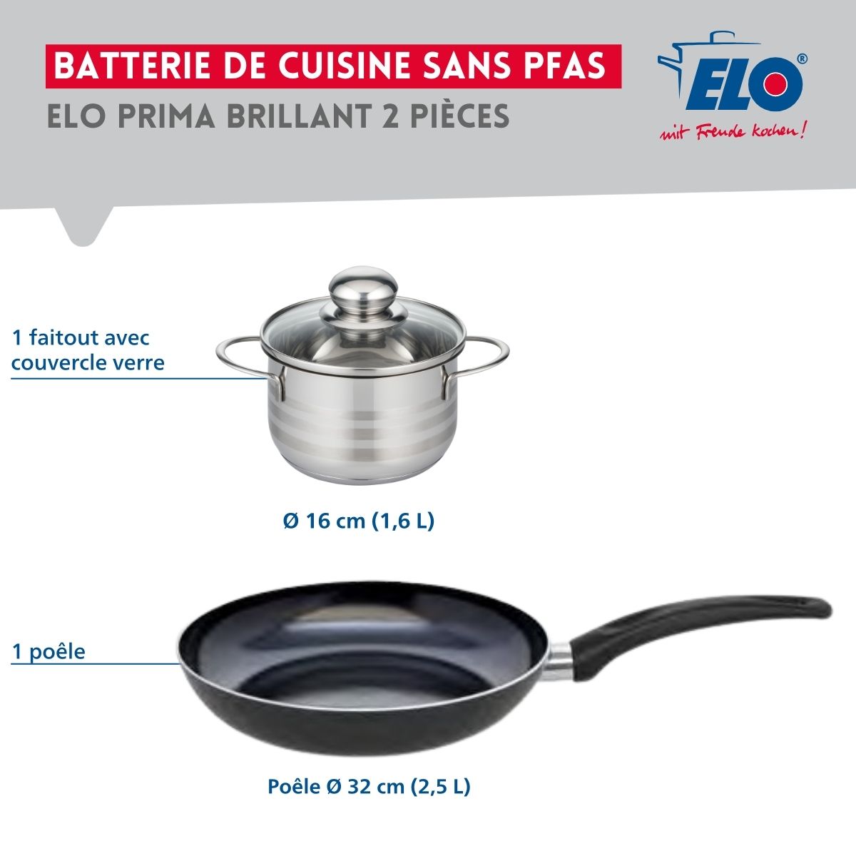 Ensemble de 1 Poêle de cuisson 32 cm et 1 faitout 16 cm  Prima Brillant Elo - Mathon - 2