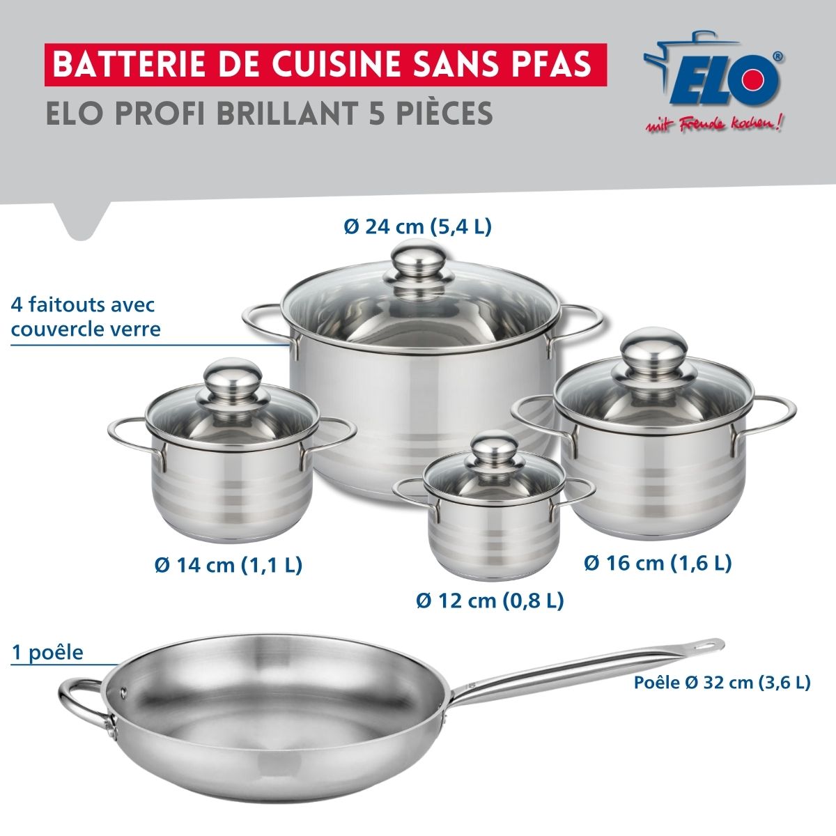 Ensemble de 1 Poêle de cuisson 32 cm et 4 faitouts 12, 14, 16 et 24 cm  Profi Brillant Elo - Mathon - 2