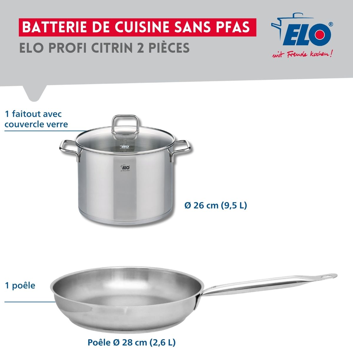 Ensemble de 1 Poêle de cuisson 28 cm et 1 faitout 26 cm  Profi Citrin Elo - Mathon - 2