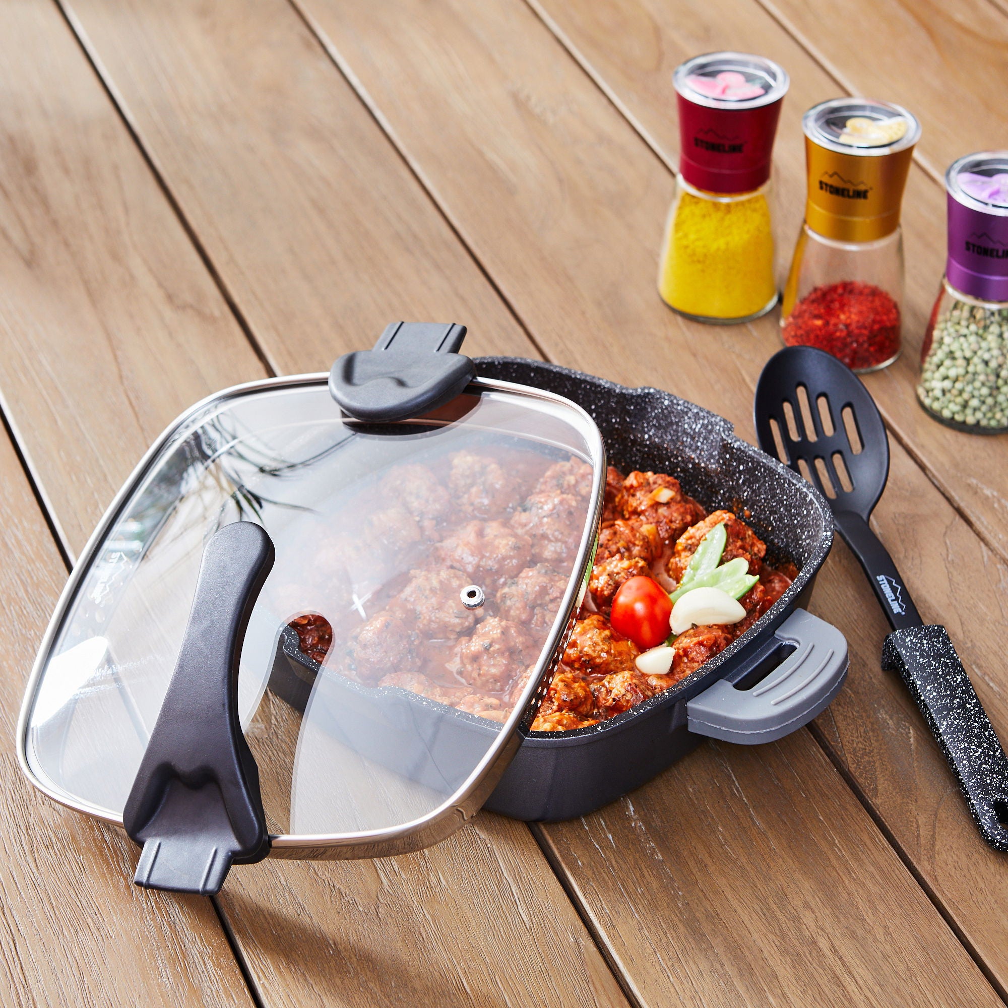 FUTURE Poêle carrée 28 x 28 cm, avec couvercle en verre avec fonction passoire Stoneline - Mathon - 3