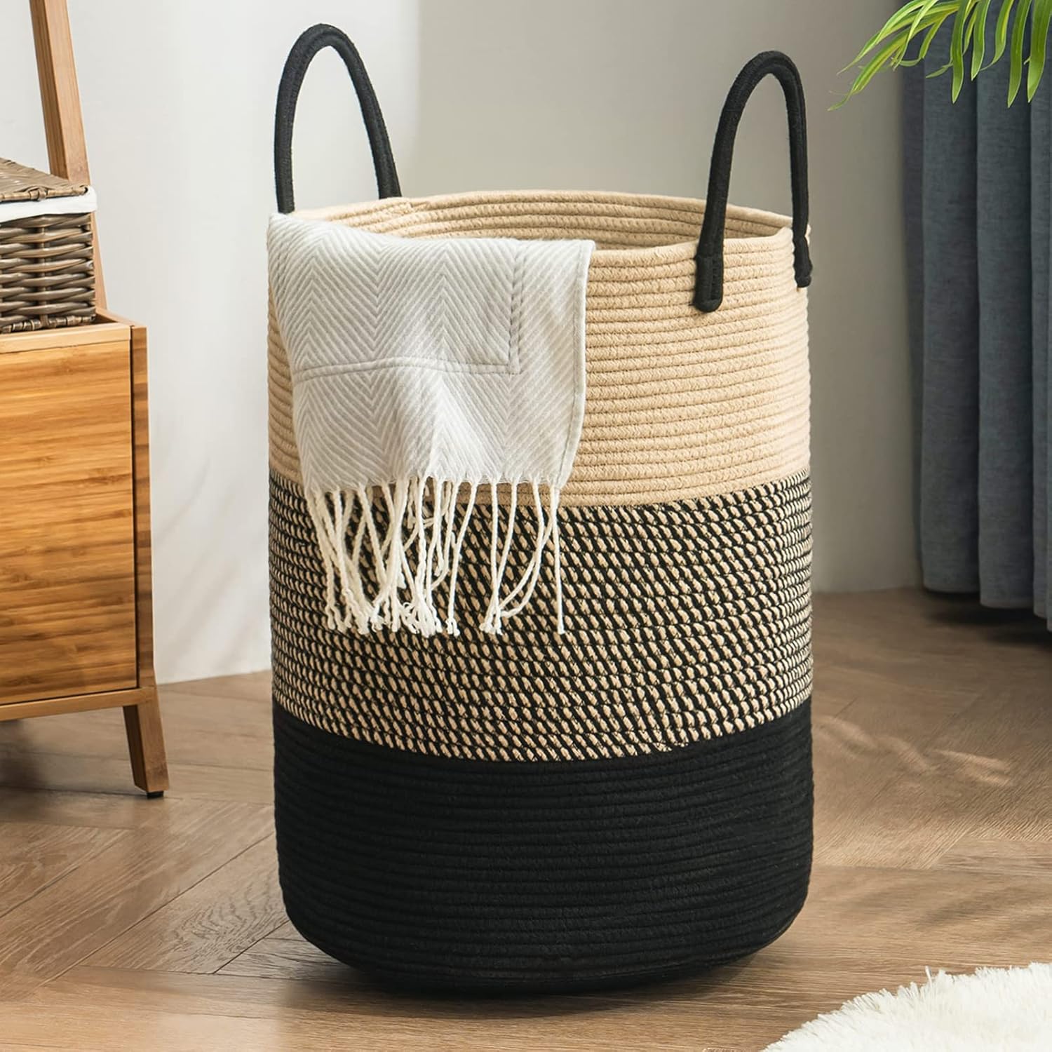 Panier à linge tressé en coton 38 × 50 cm Z-marron Noir Vendos85 - Mathon