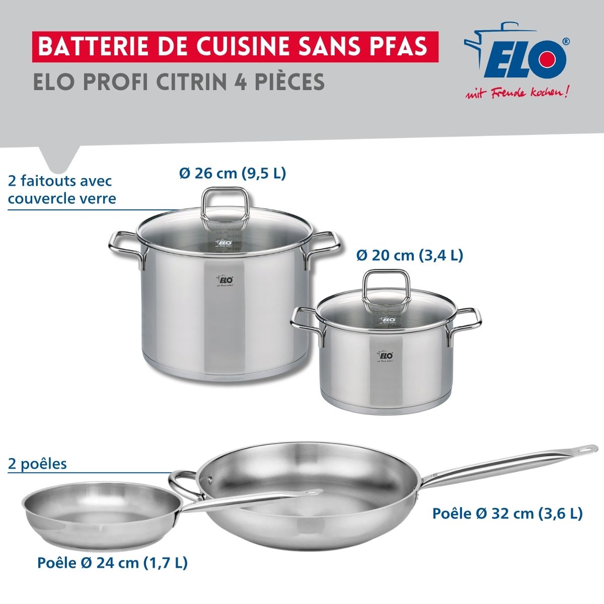 Ensemble de 2 Poêles de cuisson 24 et 32 cm et 2 faitouts 20 et 26 cm  Profi Citrin Elo - Mathon - 2