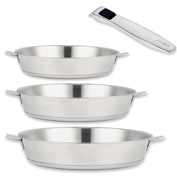 Lot de 3 poêles inox Evolution 20, 24, 28 cm et 1 manche amovible  Beka - Mathon - 1