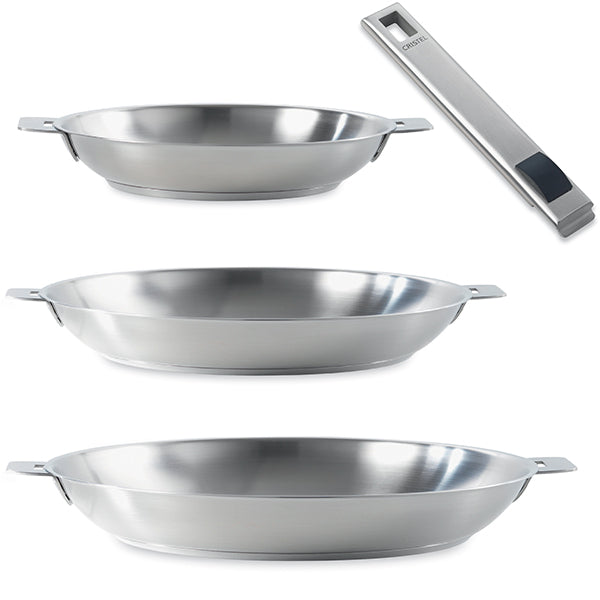 Lot de 3 poêles inox Strate 20, 24, 28 cm et 1 manche amovible  Cristel - Mathon - 1