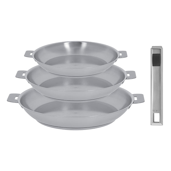 Lot 3 poêles tout inox Strate 20, 24 et 28 cm et manche amovible Cristel - Mathon - 1