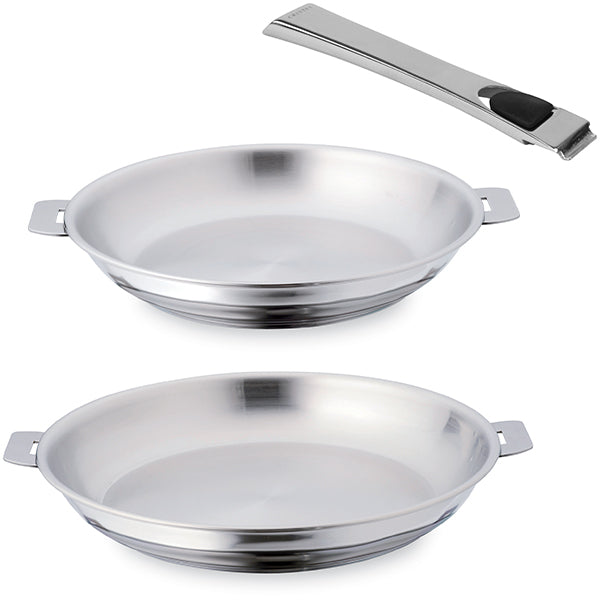 Lot de 2 poêles inox Casteline 24, 28 cm et 1 manche amovible Cristel - Mathon - 1
