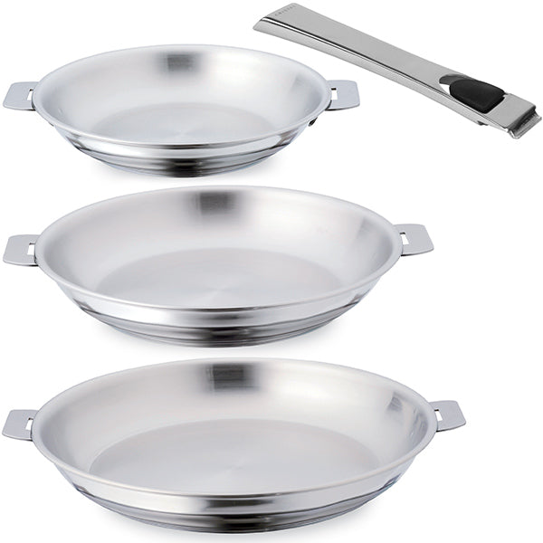 Lot de 3 poêles inox Casteline 20, 24, 28 cm et 1 manche amovible  Cristel - Mathon - 1