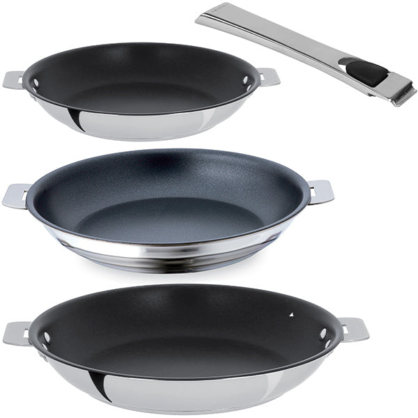 Lot de 3 poêles inox revêtues Casteline 20, 24, 28 cm et 1 manche amovible Cristel - Mathon - 1