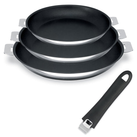 Lot 3 poêles inox antiadhérentes Mutine 20, 24 et 26 cm et manche amovible Cristel Cristel - Mathon - 1