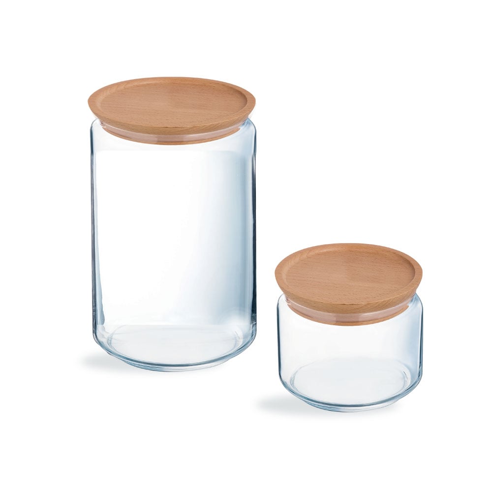 Lot de 2 pots de conservation Pure Jar Wood- Luminarc - En verre avec couvercle en bois - 1L + 0,5L Luminarc - Mathon - 1