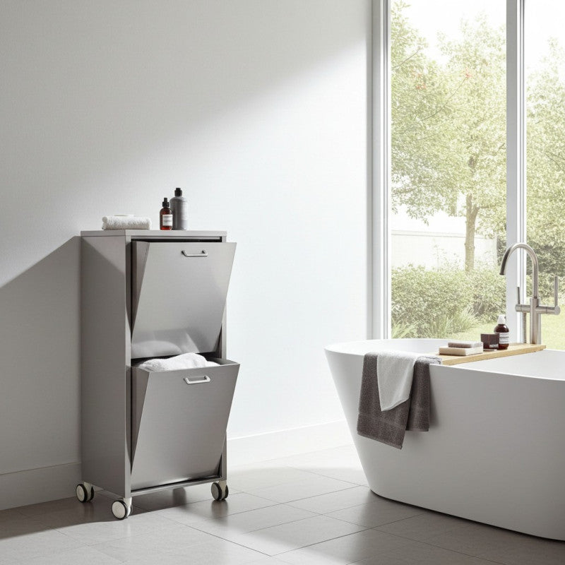 Panier à linge en acier inoxydable avec 2 compartiments à basculement, sur roues, tango Don Hierro - Mathon - 3