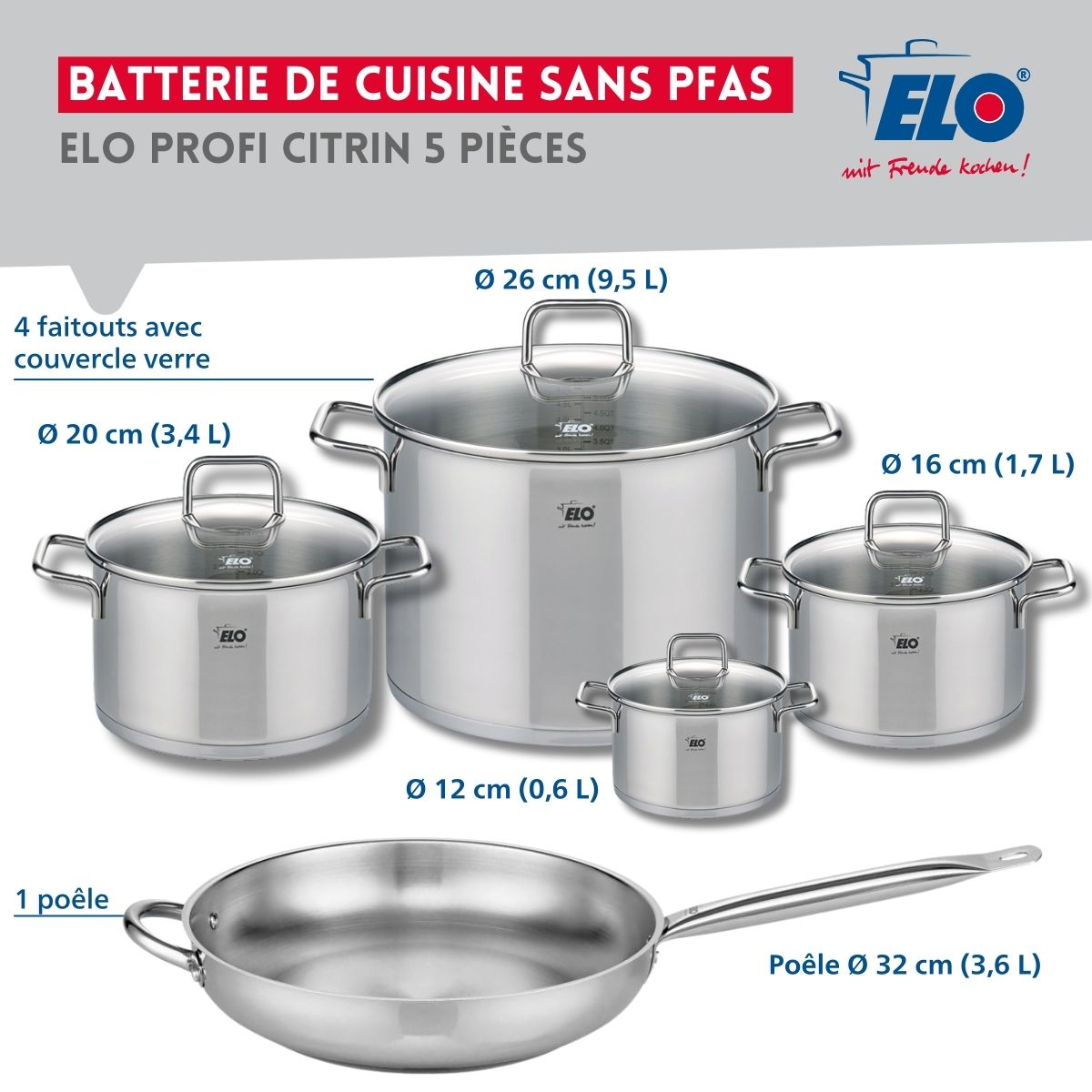 Set de 1 Poêle de cuisson 32 cm et 4 faitouts 12, 16, 20 et 26 cm  Profi Citrin Elo - Mathon - 2