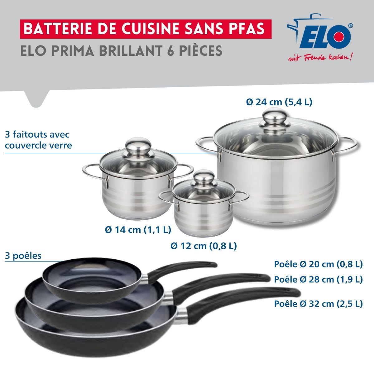 Ensemble de 3 Poêles de cuisson 20, 28 et 32 cm et 3 faitouts 12, 14 et 24 cm  Prima Brillant Elo - Mathon - 2