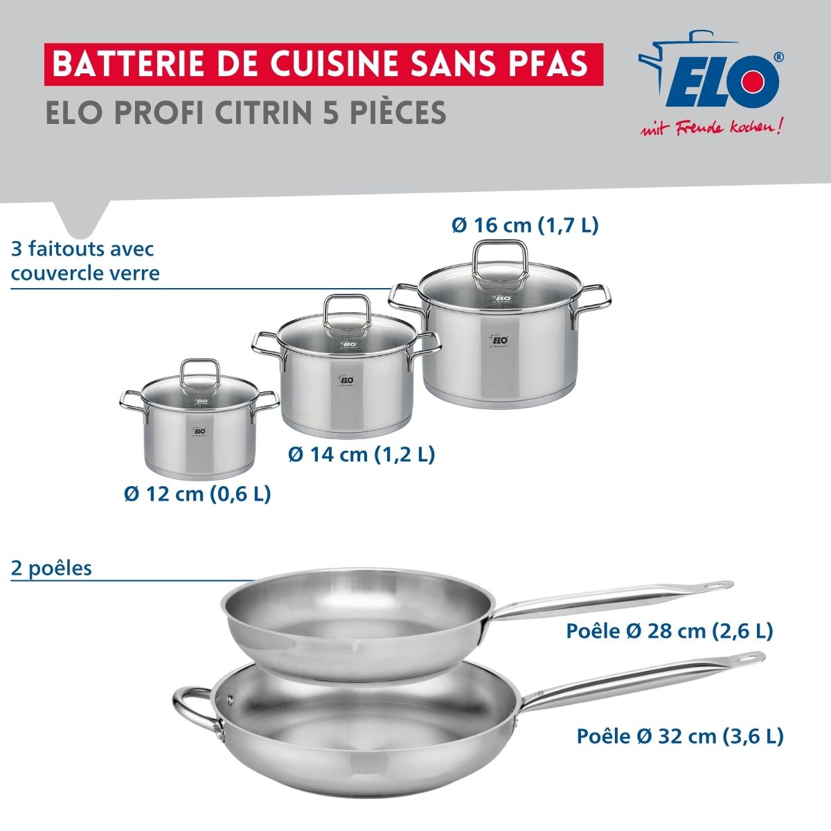 Ensemble de 2 Poêles de cuisson 28 et 32 cm et 3 faitouts 12, 14 et 16 cm  Profi Citrin Elo - Mathon - 2